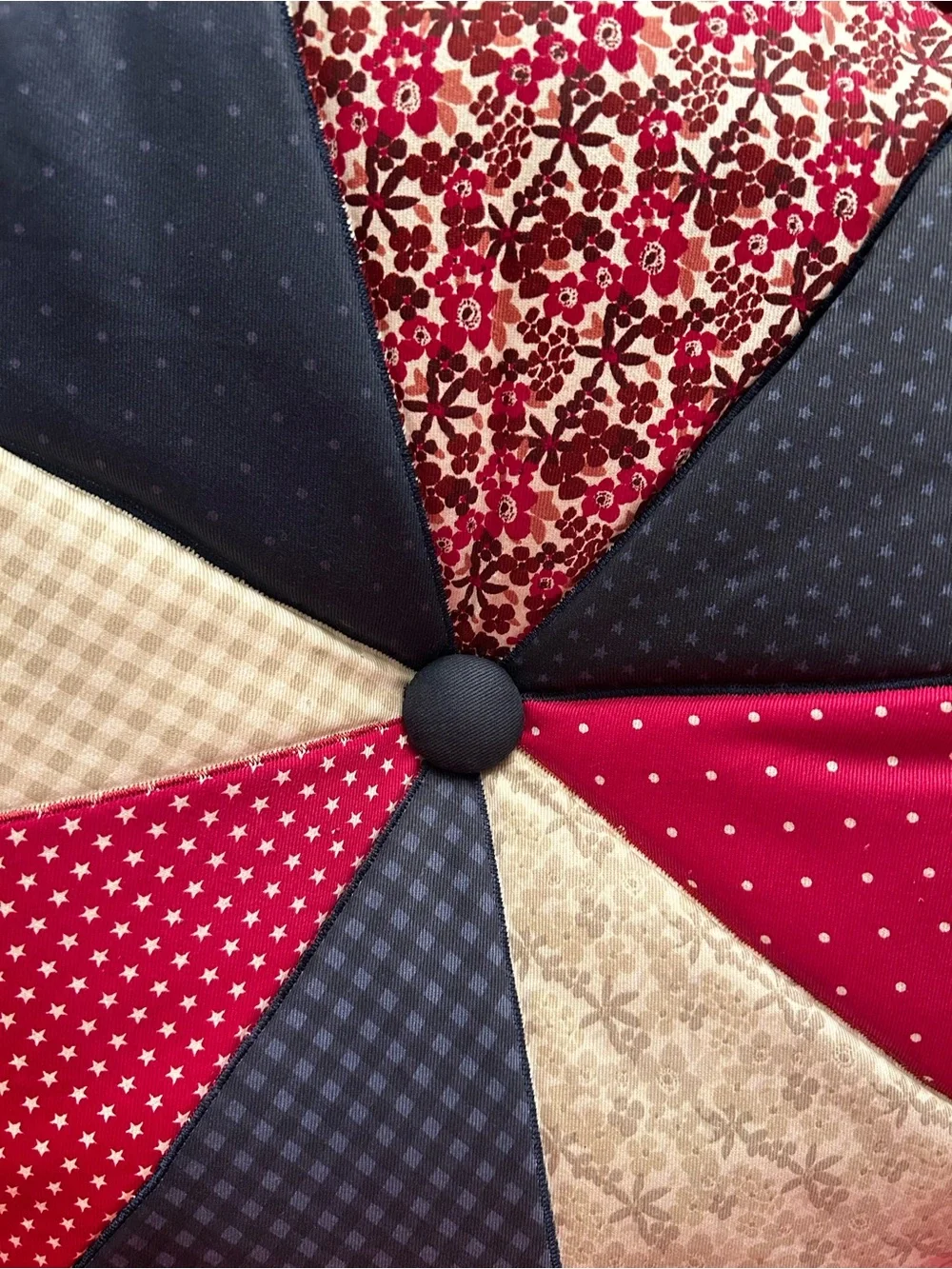 Round Patchwork Throw Pillow in Burgundy, Cream and Navy
